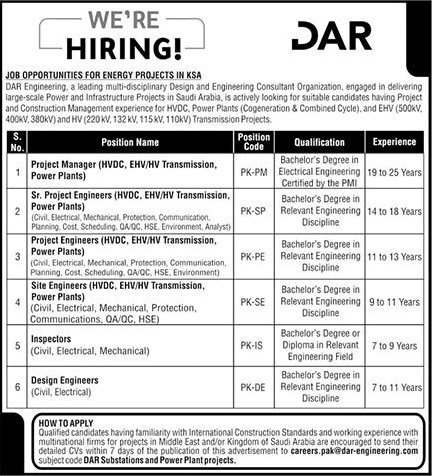 DAR Engineering Saudi Arabia Jobs 2023 September Site Engineers, Inspectors & Others Latest