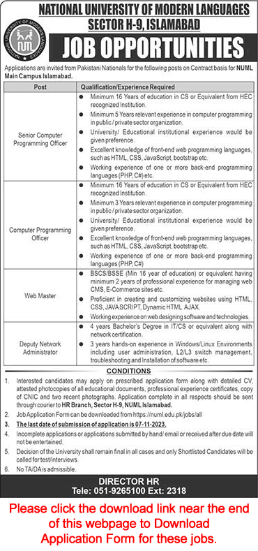 NUML University Islamabad Jobs October 2023 November National University of Modern Languages Latest