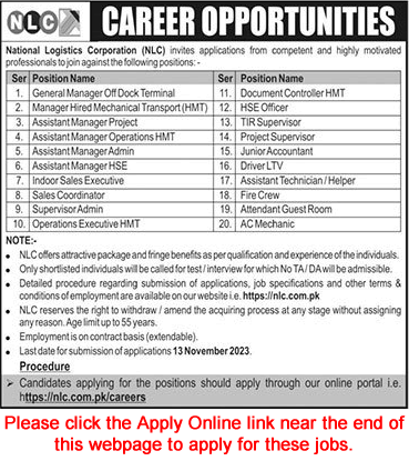 NLC Jobs October / November 2023 National Logistics Corporation / Cell Pakistan Latest