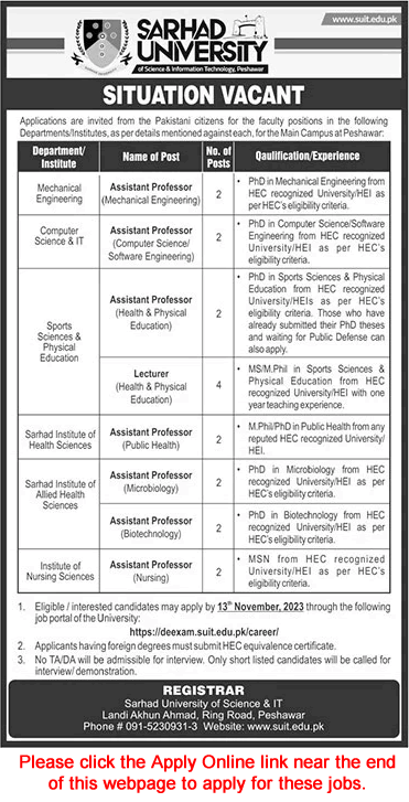 Sarhad University Peshawar Jobs 2023 November Apply Online Teaching Faculty SUIT Latest