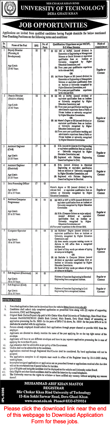 Mir Chakar Khan Rind University of Technology Dera Ghazi Khan Jobs 2023 November Application Form Latest