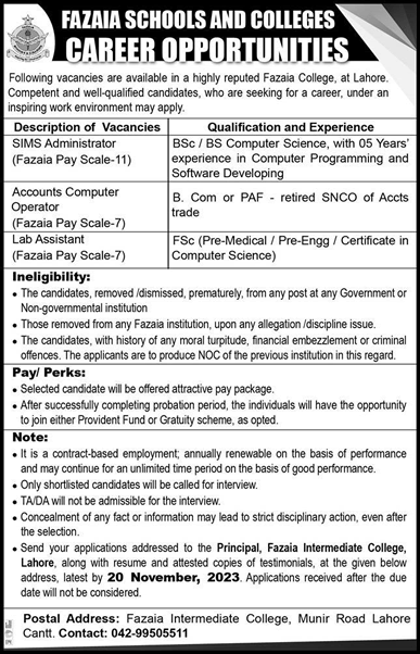 Fazaia Inter College Lahore Jobs November 2023 Accounts Computer Operator & Others Latest