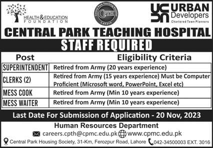 Central Park Teaching Hospital Lahore Jobs 2023 November Clerks, Cook & Others Latest