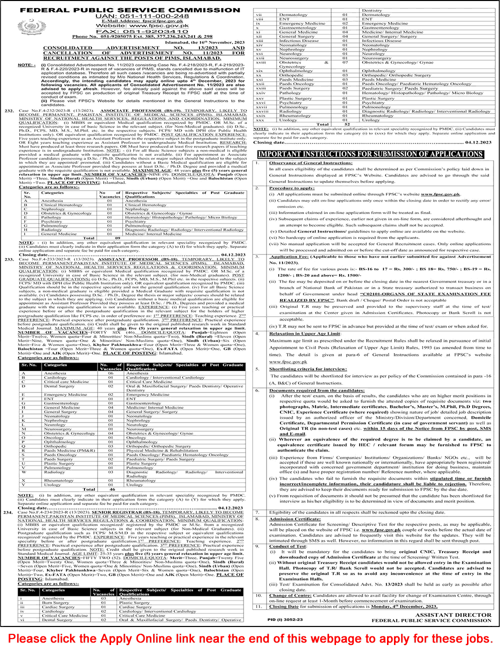 FPSC Jobs November 2023 PIMS Islamabad Senior Registrars & Assistant / Associate Professors Latest