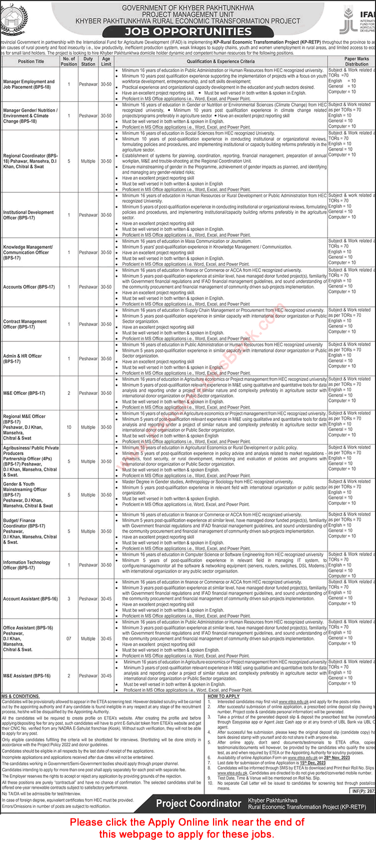 Khyber Pakhtunkhwa Rural Economic Transformation Project Jobs 2023 November ETEA Apply Online Latest