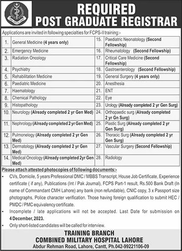 CMH Lahore FCPS Postgraduate Training November 2023 Combined Military Hospital Latest