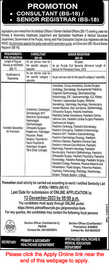 Health Department Punjab Jobs November 2023 Online Apply Consultants & Senior Registrar Promotions Latest