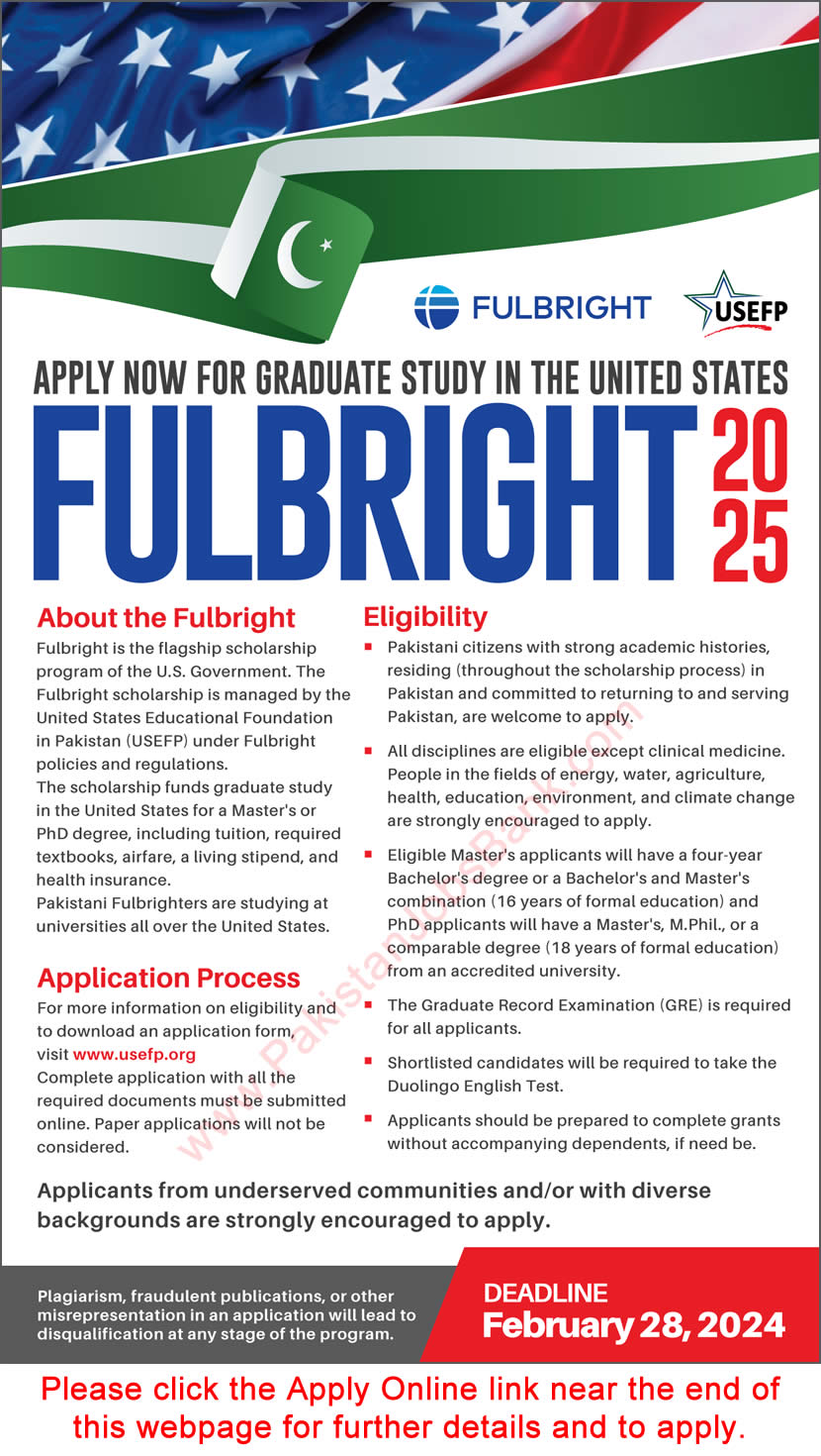 Fulbright Scholarship 2025 for Pakistani Students USEFP USA Online Application Form Latest