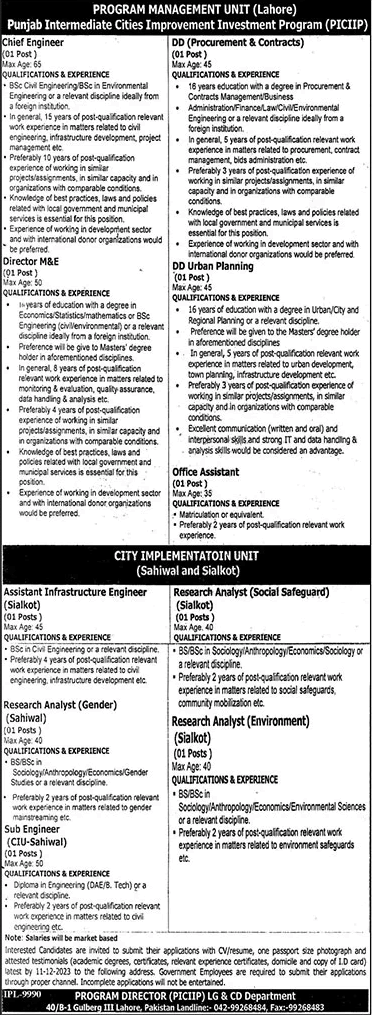 Local Government and Community Development Department Punjab Jobs November 2023 PICIIP Latest