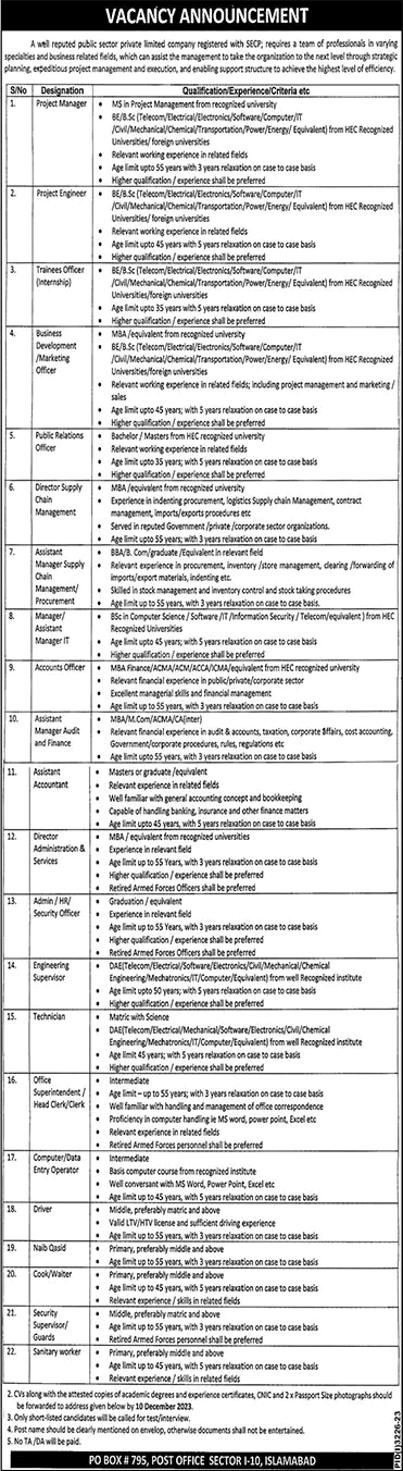 PO Box 795 Islamabad Jobs November / December 2023 Public Sector Organization Latest