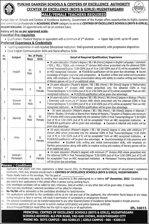 Danish School Muzaffargarh Jobs November 2023 Teachers Punjab Daanish Schools & Centers of Excellence Authority PDS&CEA Latest