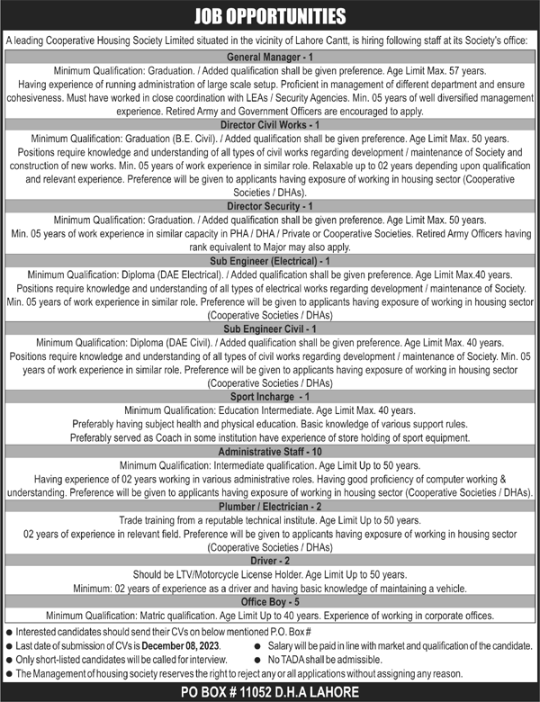 PO Box 11052 DHA Lahore Jobs 2023 November / December Cooperative Housing Society Limited Latest