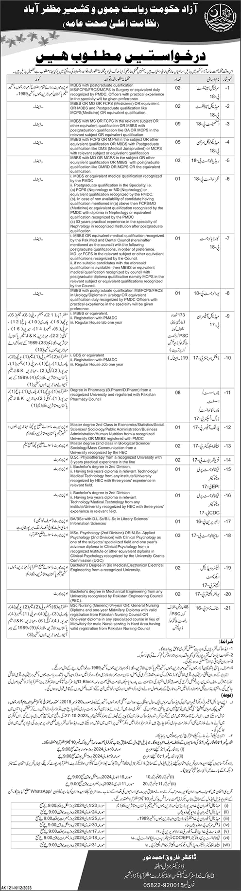 Health Department AJK Jobs December 2023 Medical Officers, Staff Nurses & Others Latest