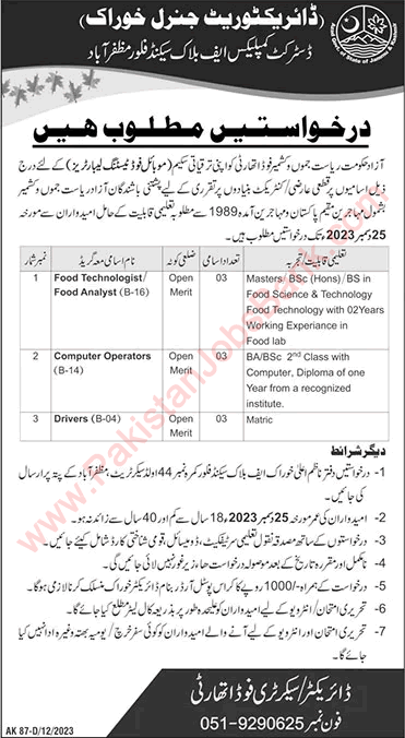 Food Department AJK Jobs December 2023 Directorate General Latest