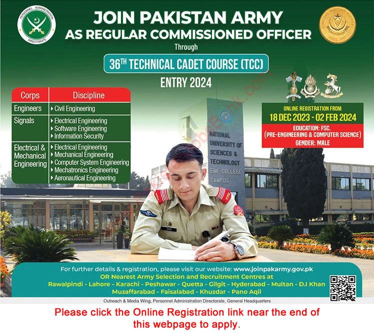 Join Pakistan Army through 36th Technical Cadet Course (TCC) December 2023 Online Registration Latest