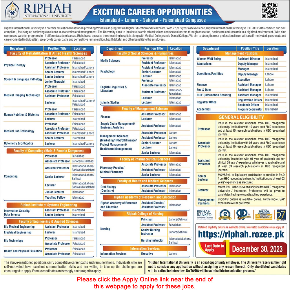 Riphah International University Jobs December 2023 Online Apply Teaching Faculty & Others Latest