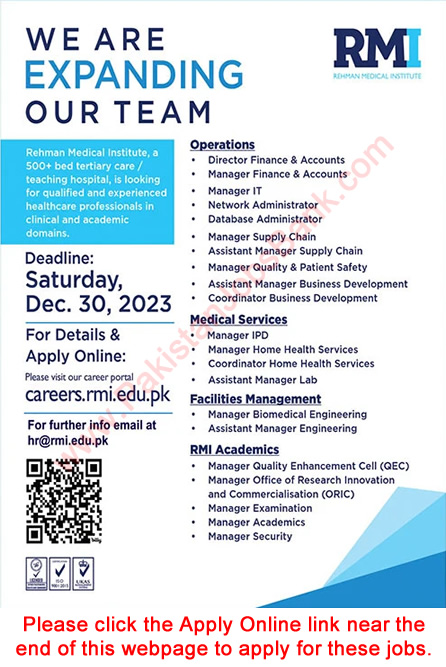 Rehman Medical Institute Peshawar Jobs December 2023 Online Apply RMC / RMI Latest