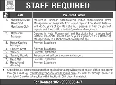 Rawalpindi Gymkhana Club Jobs December 2023 / 2024 Latest