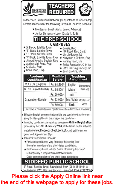 Female Teacher Jobs in The Prep Schools Rawalpindi / Islamabad 2024 Siddeeq Public Schools Apply Online Latest