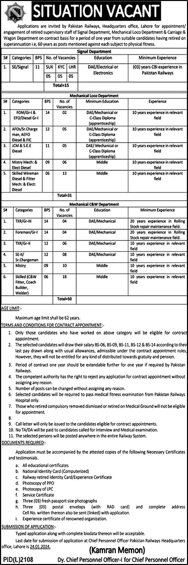 Pakistan Railways Jobs 2024 for Retired Staff Latest