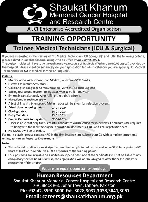 Trainee Medical Technician Jobs in Shaukat Khanum Hospital Lahore 2024 MT ICU / Surgical SKMCH&RC Latest