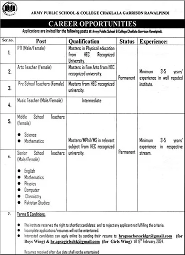 Teaching Jobs in Army Public School & College Chaklala Garrison Rawalpindi 2024 February Latest