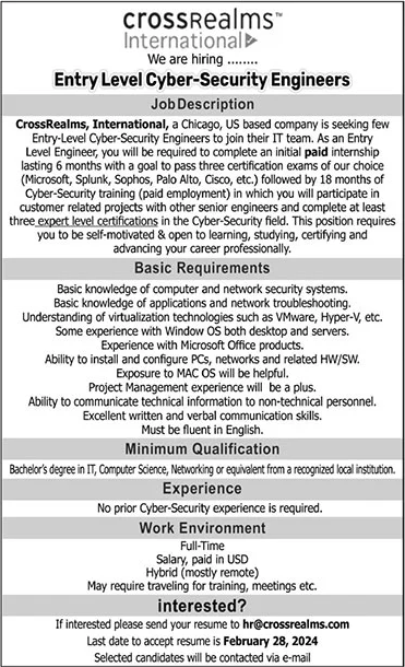 Cyber-Security Engineer Jobs in CrossRealms International 2024 February Trainee Latest