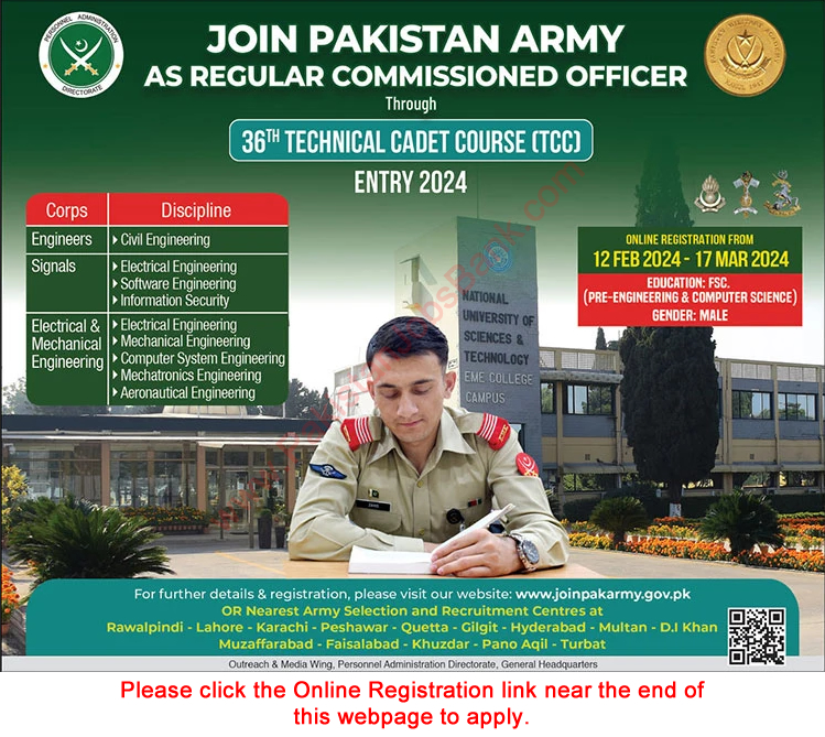 Join Pakistan Army through 36th Technical Cadet Course (TCC) February 2024 Online Registration Latest