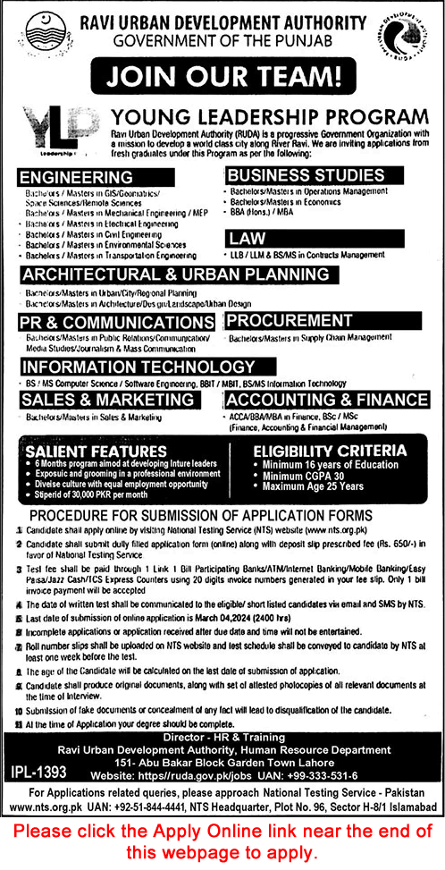 Ravi Urban Development Authority (RUDA) Young Leadership Program (YLP) 2024 February Apply Online Latest