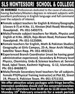 SLS Montessori School and College Rawalpindi / Islamabad Jobs February 2024 Teachers & Others Latest