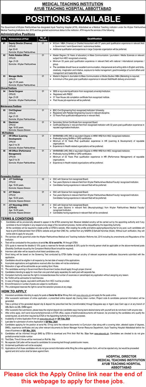 Ayub Teaching Hospital Abbottabad Jobs 2024 February ETEA Apply Online Medical Teaching Institution MTI Latest