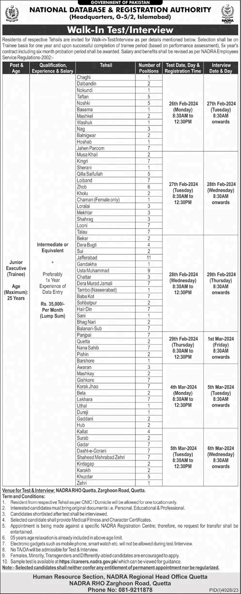 NADRA Balochistan Jobs February 2024 Trainee Junior Executives Walk in Test / Interview Latest