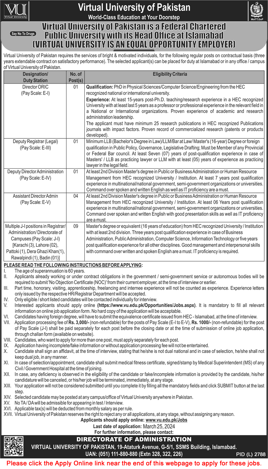 Virtual University of Pakistan Jobs March 2024 VU Online Apply Latest