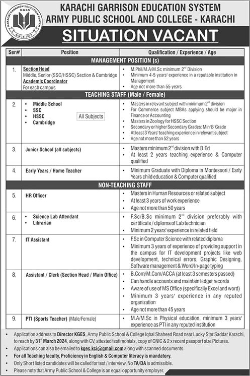 Karachi Garrison Education System Jobs 2024 March Army Public School and College KGES APS&C Latest