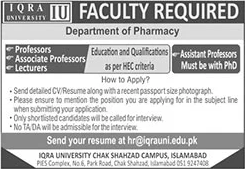 Iqra University Islamabad Jobs March 2024 Teaching Faculty for Department of Pharmacy Latest