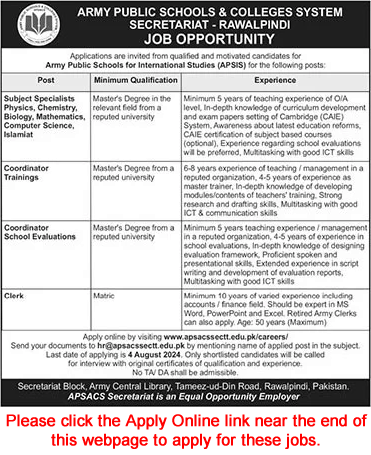 Army Public School for International Studies Rawalpindi Jobs 2024 July / August Apply Online Teachers & Others APS&CS Latest