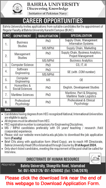 Bahria University Karachi Jobs August 2024 Application Form Teaching Faculty Latest