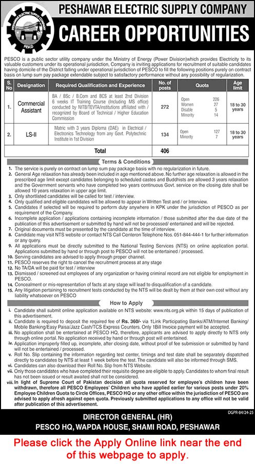 PESCO Jobs 2025 March / April NTS Apply Online Commercial Assistants & Line Superintendents WAPDA Latest