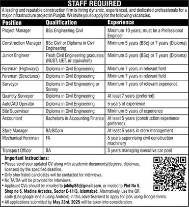 Construction Company Jobs in Punjab May 2025 Civil Engineers, Site Supervisor & Others Latest