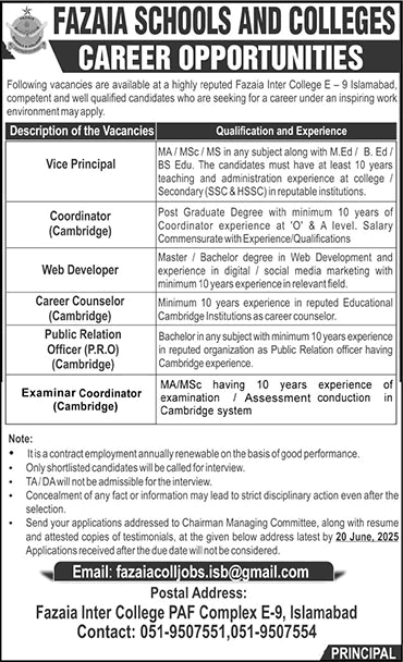Fazaia Inter College Islamabad Jobs June 2025 Web Developer, Public Relation Officer & Others FIC Latest