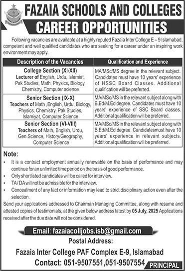 Fazaia Inter College Islamabad Jobs June 2025 July Lecturers & Teachers FIC Latest