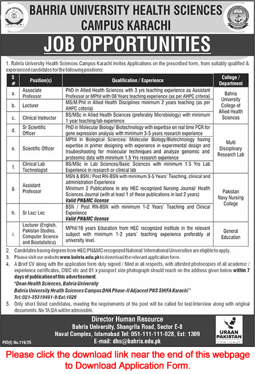 Bahria University Health Sciences Campus Karachi Jobs July 2025 Application Form Teaching Faculty & Others Latest