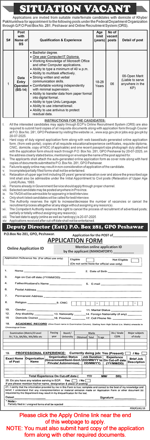 Data Entry Operator Jobs in PO Box 281 Peshawar 2025 July Online Application Form Election Commission of Pakistan Latest