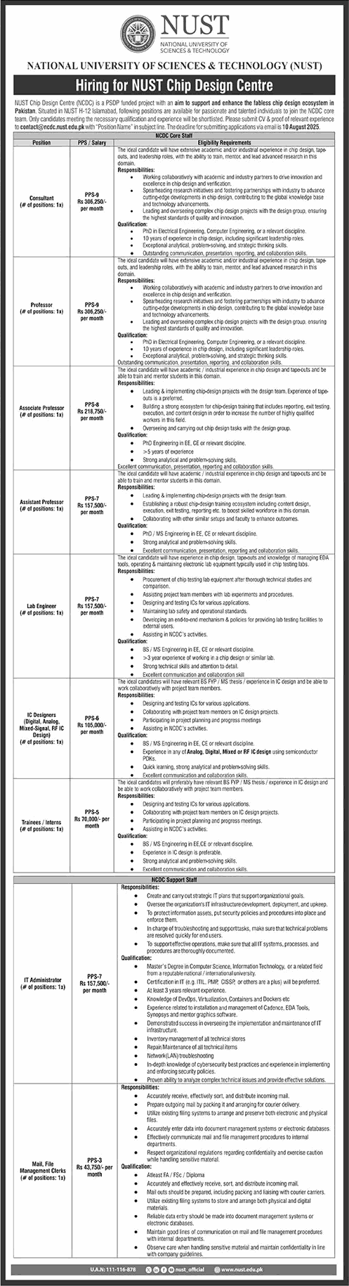 NUST University Islamabad Jobs July 2025 August Teaching Faculty & Others Chip Design Centre Latest