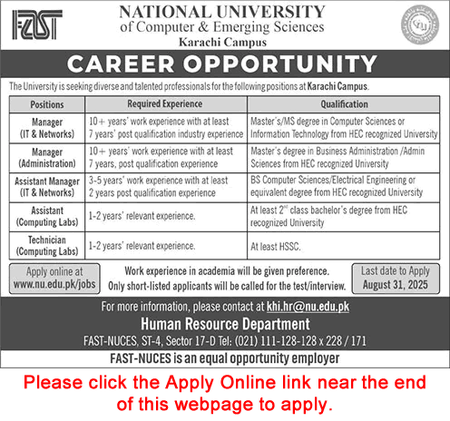 FAST National University Karachi Jobs August 2025 IT / Admin Manager & Others Latest