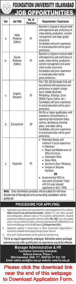 Foundation University Islamabad Jobs September 2025 Application Form Cameraman, Graphic Designer & Others Latest