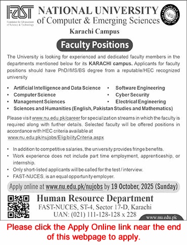 FAST National University Karachi Campus Jobs September 2025 October Apply Online Teaching Faculty Latest
