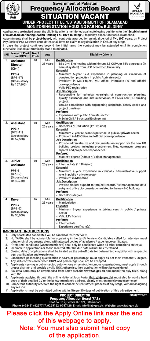 Frequency Allocation Board Islamabad Jobs October 2025 Online Application Form Download FAB Latest