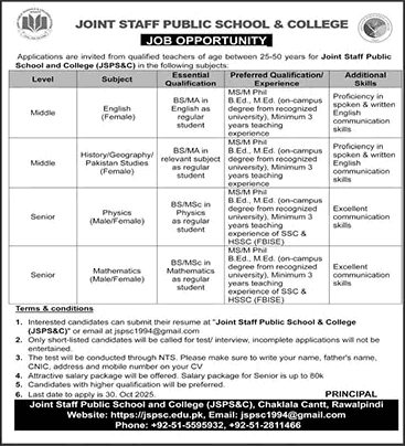 Teaching Jobs in Joint Staff Public School and College Rawalpindi October 2025 JSPS&C Latest