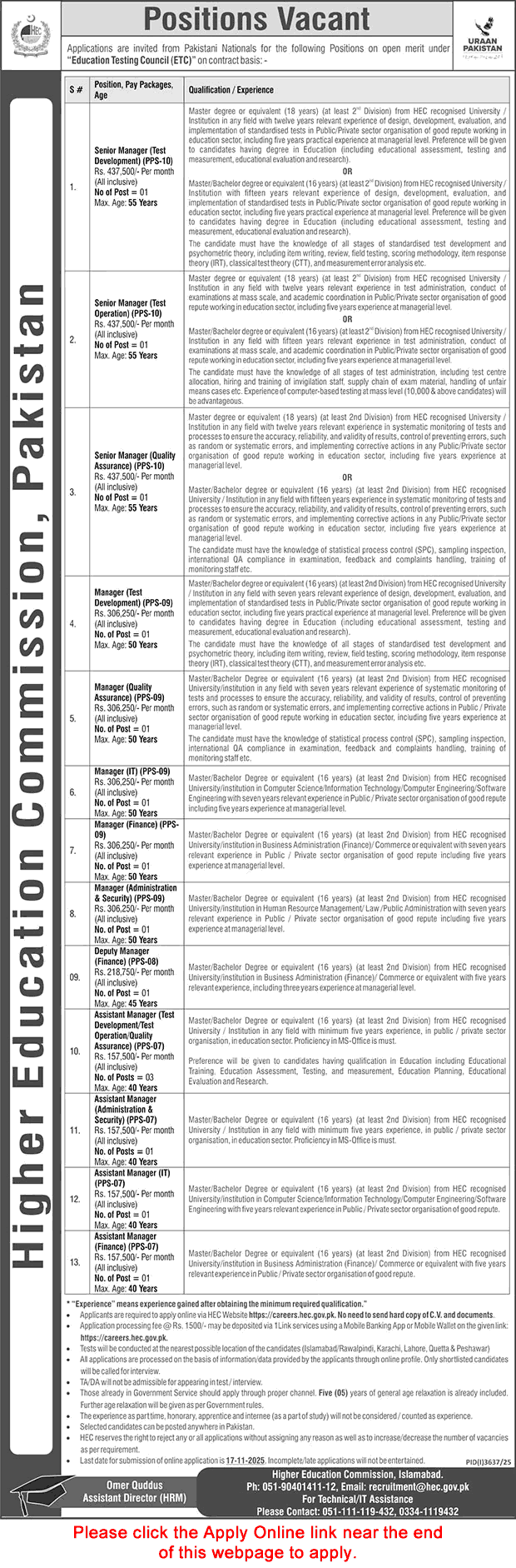 HEC Jobs November 2025 ETC Apply Online Assistant Managers & Others Higher Education Commission Latest